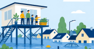 Image représentant une maison sur pilotis et d'autres habitations inondées