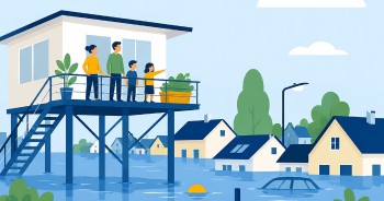Image représentant une maison sur pilotis et d'autres habitations inondées
